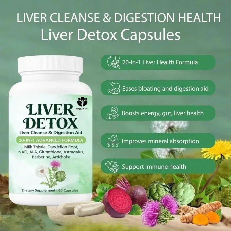 20-in-1 liver health supplement containing 60 capsules of milk thistle, dandelion root, turmeric, and Korean thistle leaves