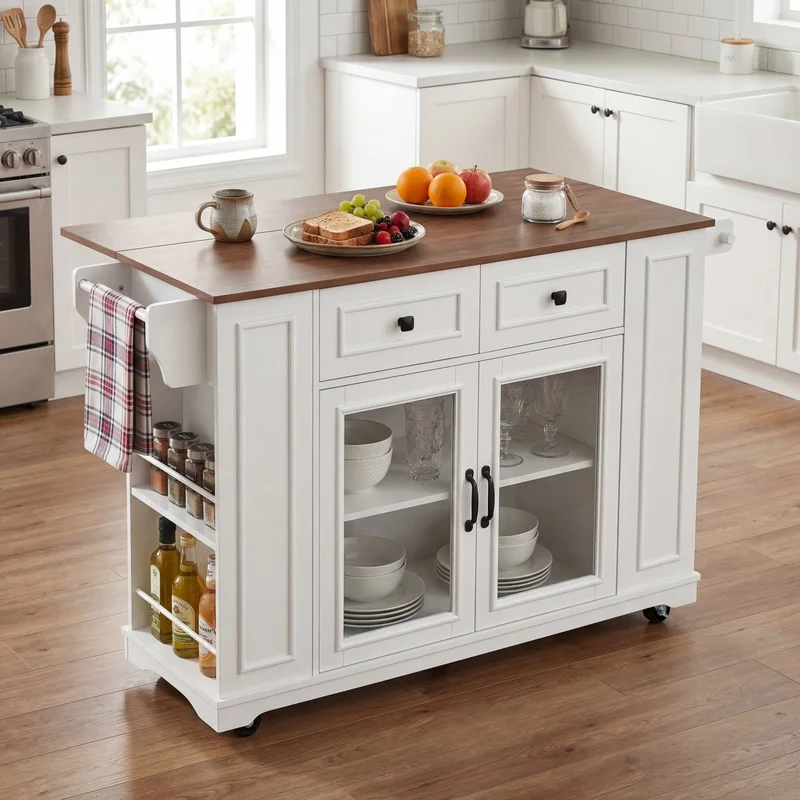 

54" Rolling Kitchen Island with Glass Door Storage, Power Outlet, Open Shelves, Towel Rack, Spice Rack, Knife Holder – Functional Prep Table for Kitchen and Dining