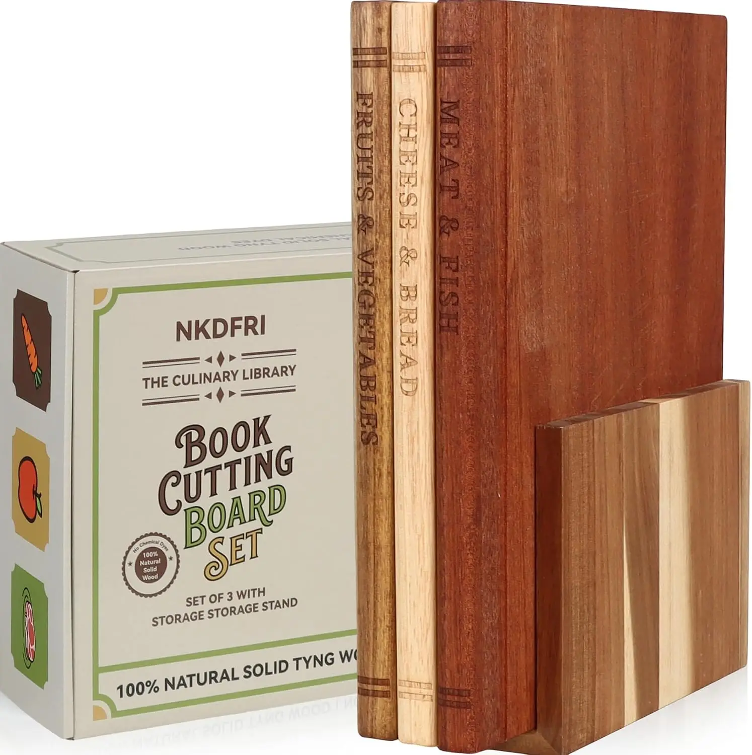 Wooden Cutting Board Set with Stand, Book-Shaped Kitchen Boards for Knife-Friendly Prep, Unique Gift for Book Lovers & Home Cooks