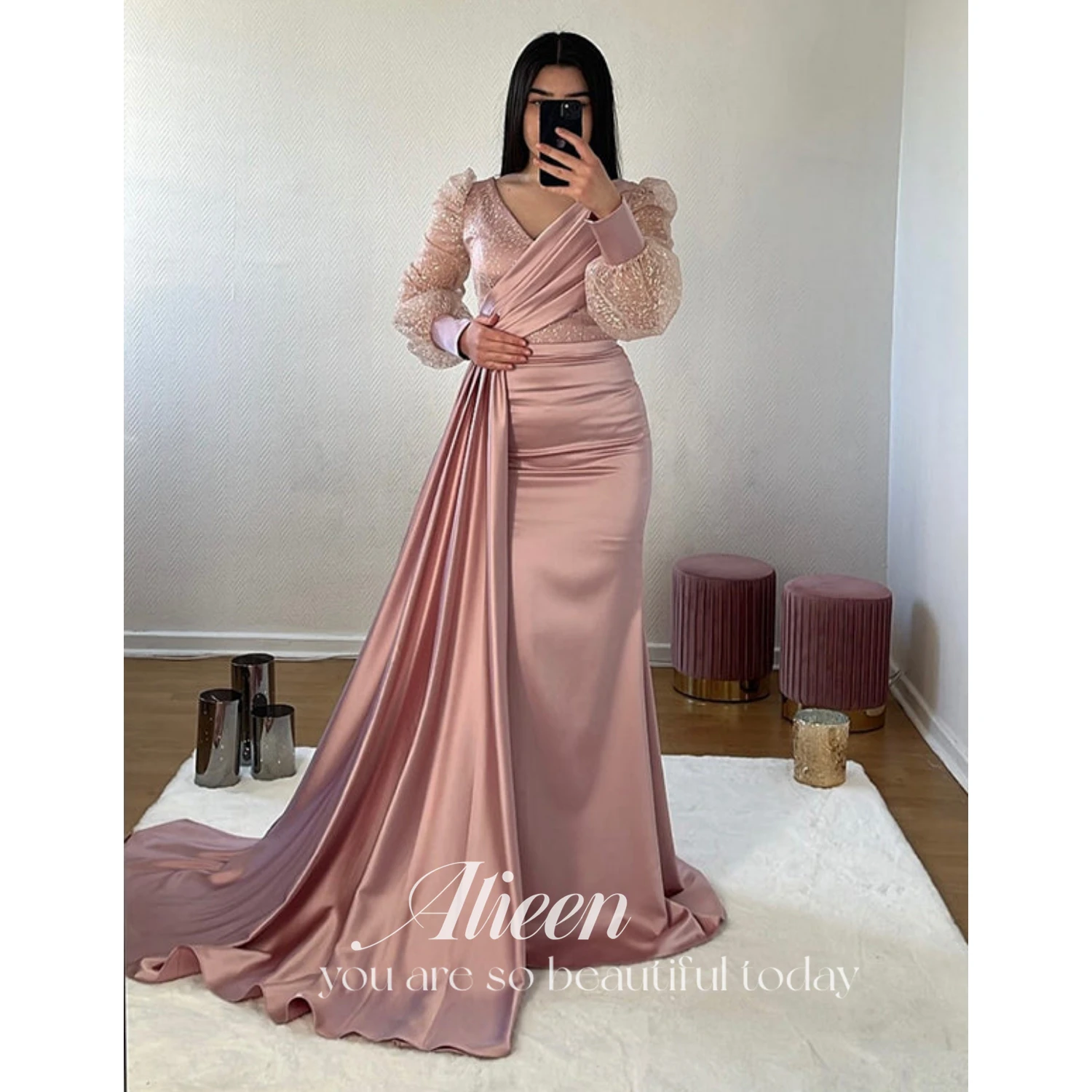 Aileen-Robe de Soirée Rose à Paillettes, Col en V, Manches Bouffantes, Fente Haute, Arabie Saoudite, Dubaï, Cocktail, Grande Taille