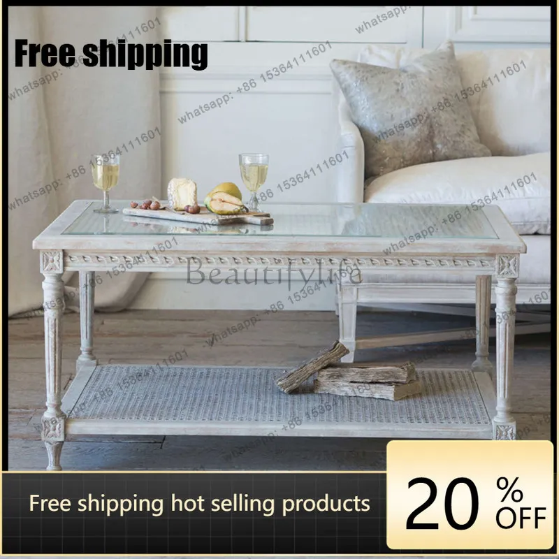 XX. French solid wood old carved coffee table American rural retro rattan art glass tea table