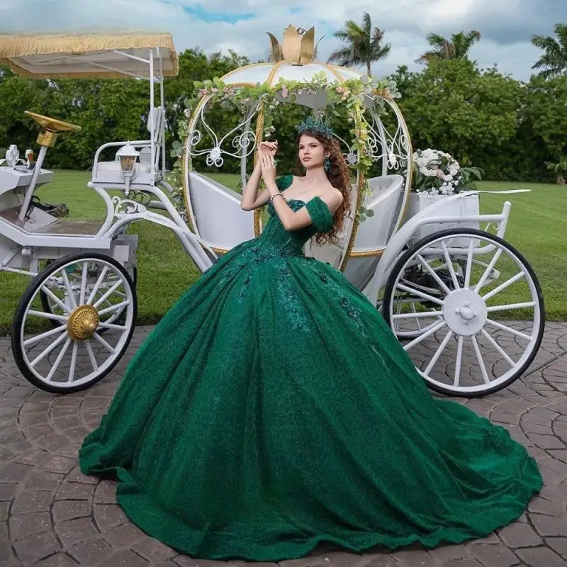 Personalizado glitter verde escuro quinceanera vestido de baile apliques frisado espartilho vestidos doce 16 vestido de 15 anos