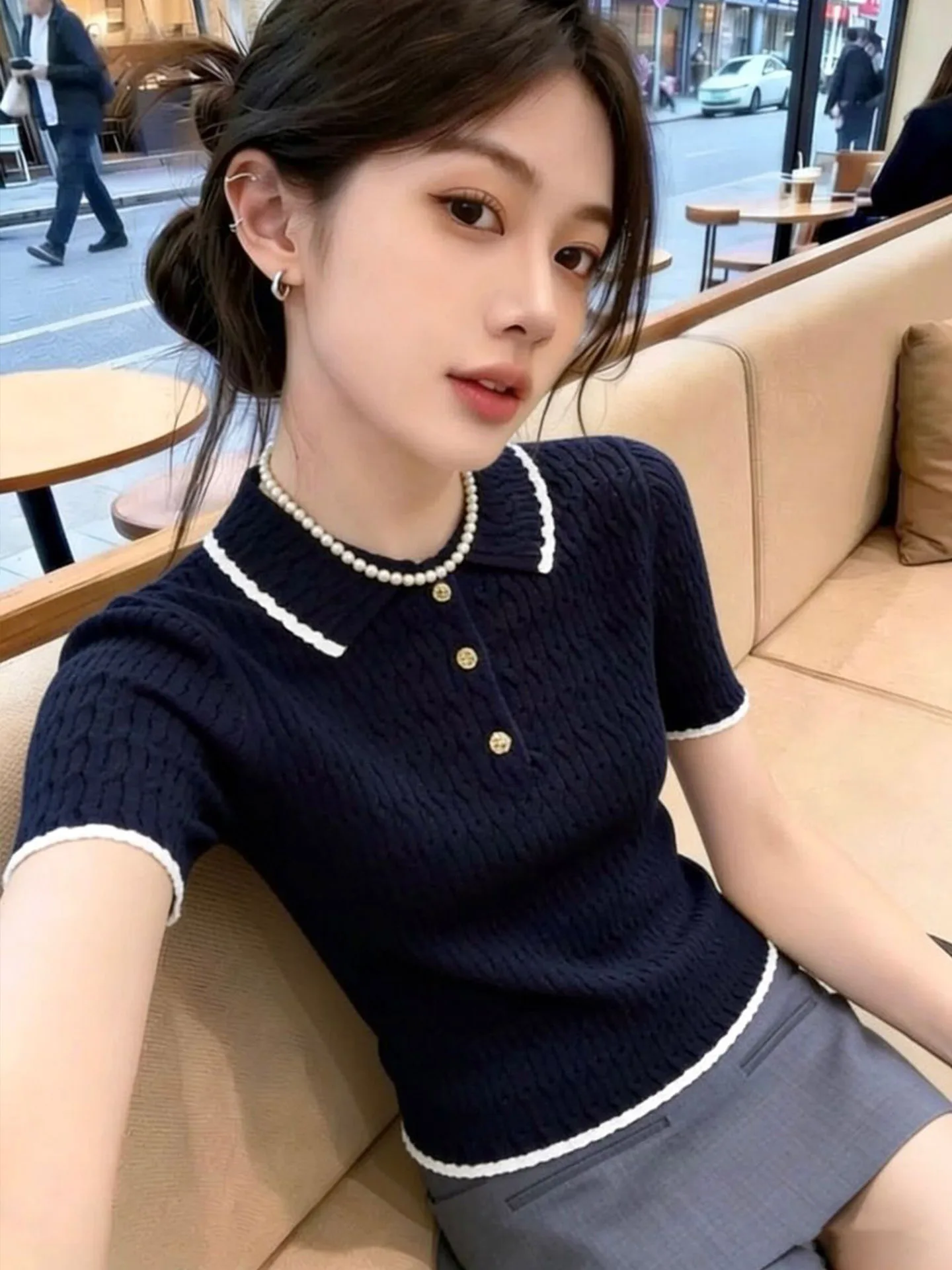 

Korean Style Slim Fit Short Sleeve Neck Knitted Top Women's Summer Slimming Versatile Royal Blue T-Shirt Casual Wear