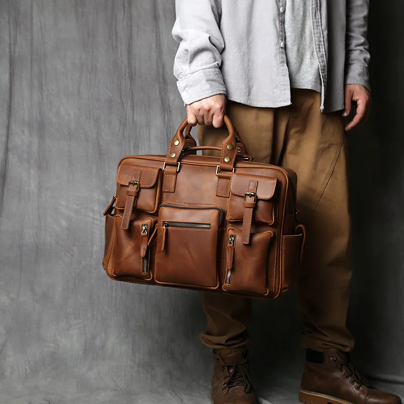Retro Herren Leder Handtasche Oberschicht Rindsleder Aktentasche Große Kapazität Reisetasche Crazy Horse Leder Laptop Umhängetasche NZPJ – Detail 3