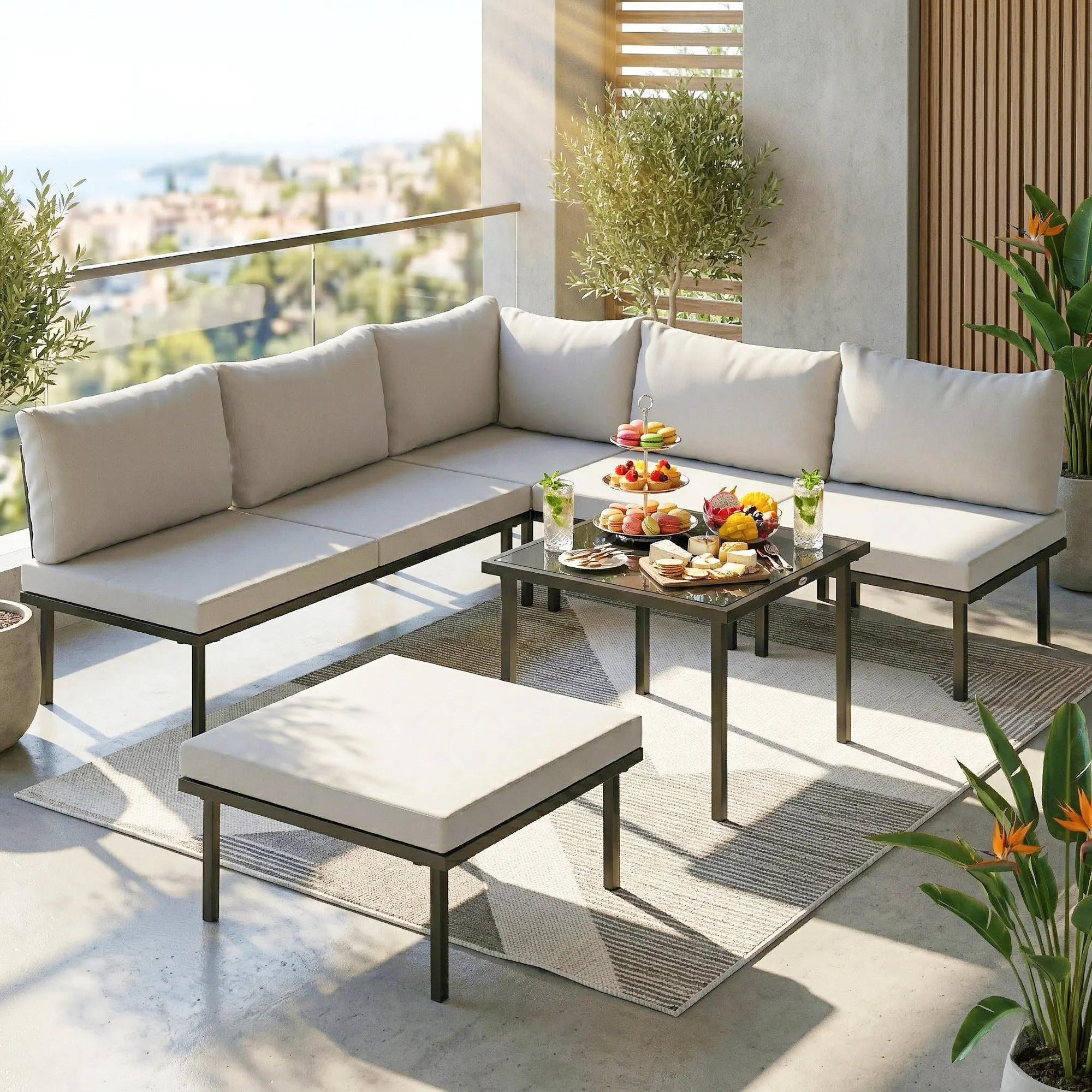 Outsunny Conjunto de Muebles Jardín Exterior de 6 Piezas Sofá Exterior Seccional Forma de L con Sofá de 2 Plazas Módulo de Esquina 2 Sillones Reposapiés Mesa con Tapa de Vidrio y Cojines Gris Claro