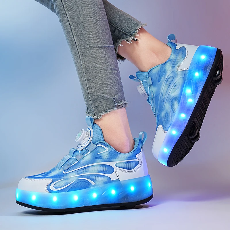 High quality Children Walking Shoes Four-wheeled Deformation Roller Skates LED Light Parkour Flash Sneakers Gift