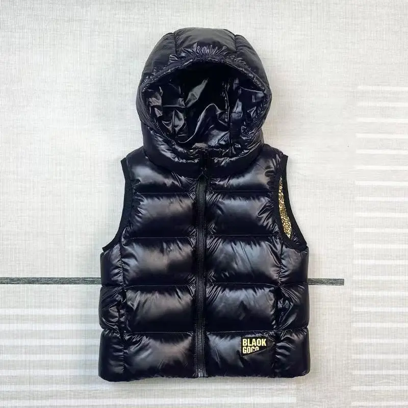 

Children's Black and Gold Hooded Vest Autumn and Winter 2025 New Style for Older Children, Thickened Winter Vest with Hood for 10-Year-Olds Trendy