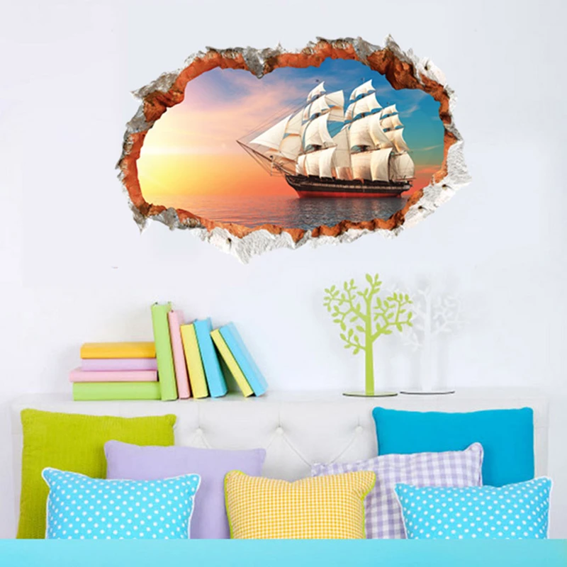 Sailboat on Sea Mural Broken Wall Hole Art Ocean Sunrise View Vinyl Poster Stickers for Home Office Room Decoration Removable