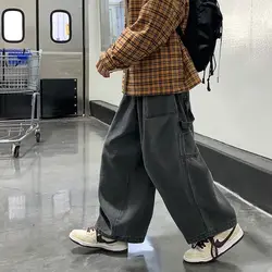 Trousers Cargo Solid Color Elastic High Waisted Pockets Men's Clothing Casual Loose Jeans Spring Autumn Preppy Style Pants