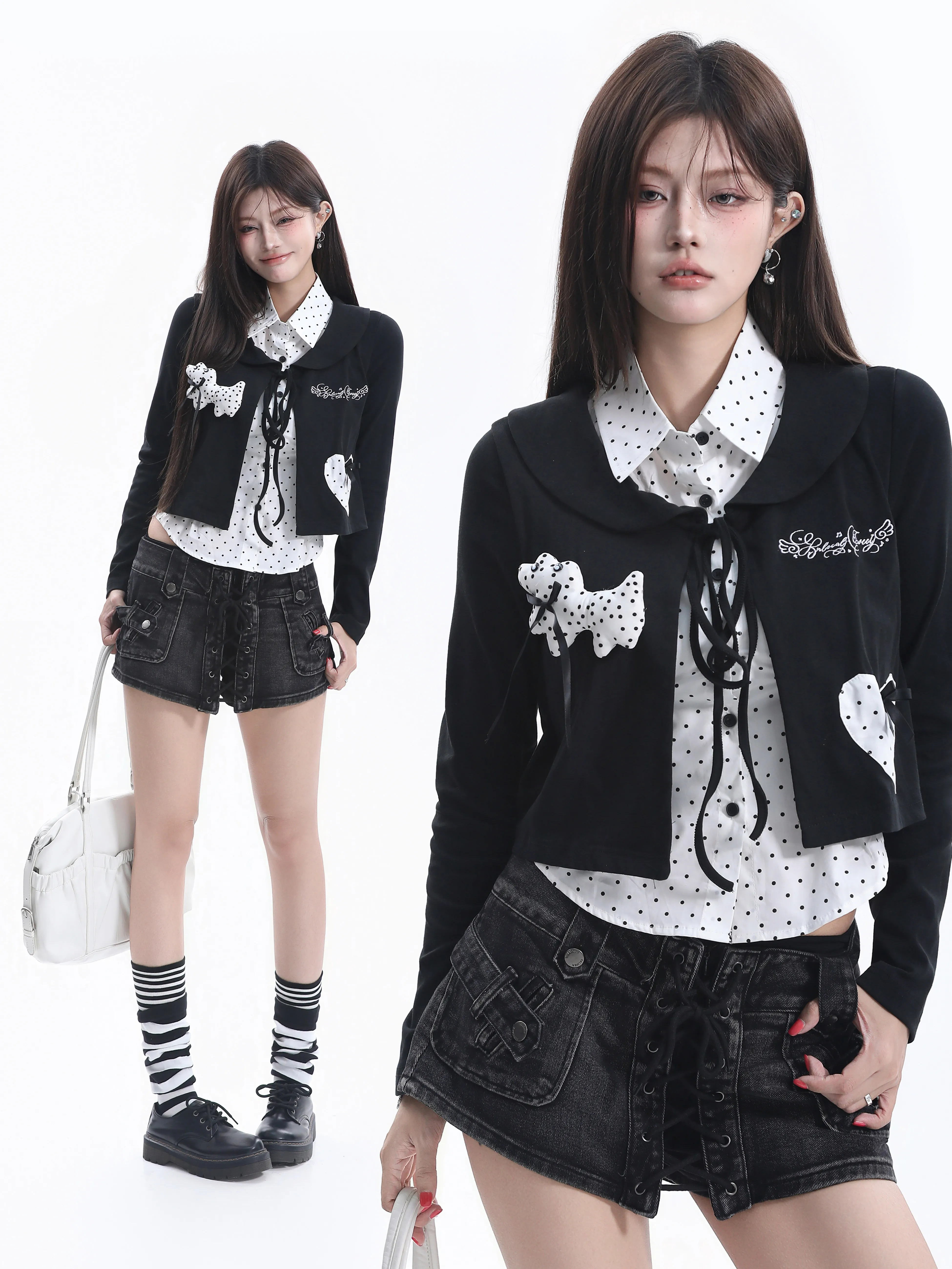 Girls' Long Sleeve Embroidered Doll Collar Shirt Dress with Polka Dot Pattern Small Ball Ball Female Dog Pattern Cotton Sprin...