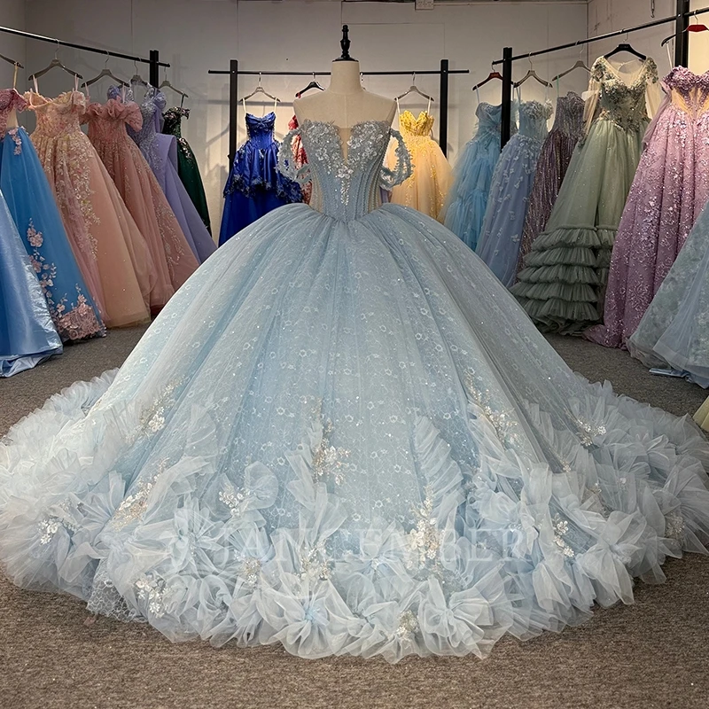 

Sky Blue Shiny Quinceanera Dresses Off The Shoulder Applique Beading Crystal Tiered Tull Party Birthday Sweet 16 Dress Vestidos