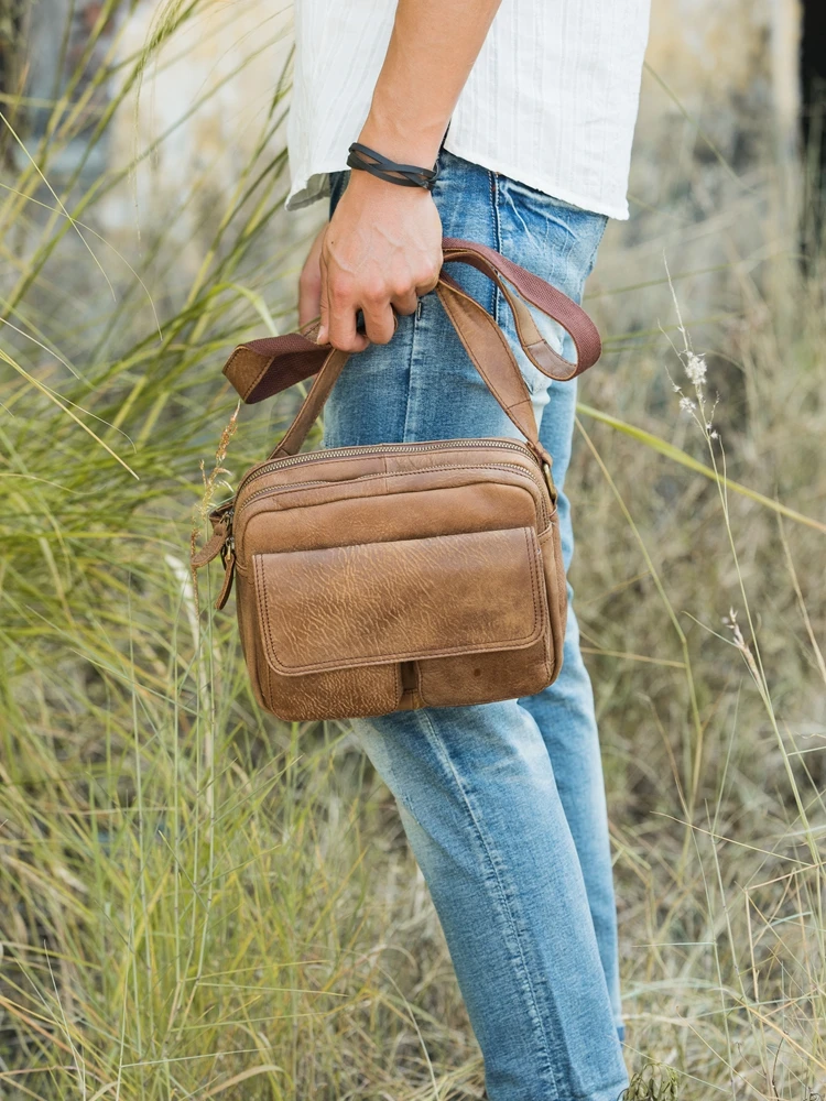 Bolso de mensajero de cuero Retro para hombre, bandolera pequeña de hombro, paquete Simple Original hecho a mano, cuero esmerilado Vintage suave