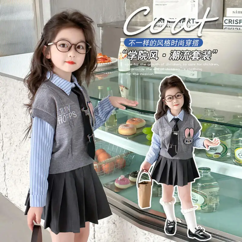 3 uds dibujos animados Judy Hopps niñas Chaleco tejido suéter camisa Jk falda conjunto lindo conejito de Disney policía primavera dulce niños Jk uniforme conjunto