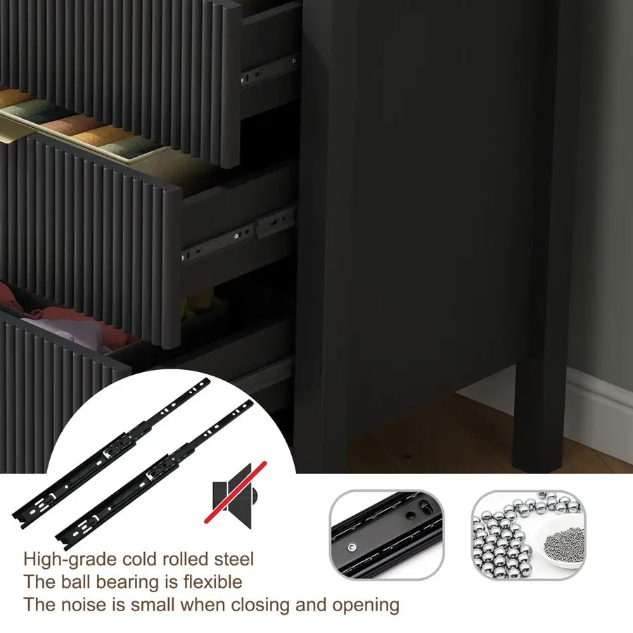 引き出し付きドレッサー、モダンな木製収納チェスト、波形パネル付きオーガナイザー、幅広の引き出しと金色の溝付きドレッサー