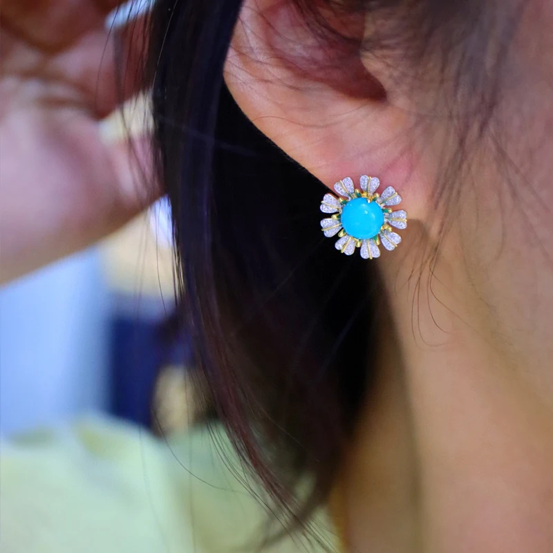 Aazuo Luxury Jewelry 18k Gold Natural Turquoise stone Real Diamond Sun Flower Earring Gifted For Women Engagement Wedding Party