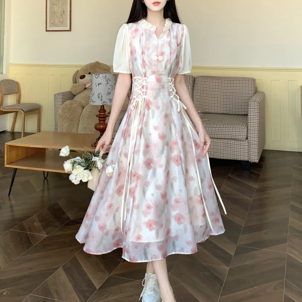 กระโปรงชีฟองลายดอกไม้สไตล์จีนใหม่ ไซส์ใหญ่ ดีไซน์ฤดูร้อน ช่วยเก็บเอว สวยหวาน บางเบา