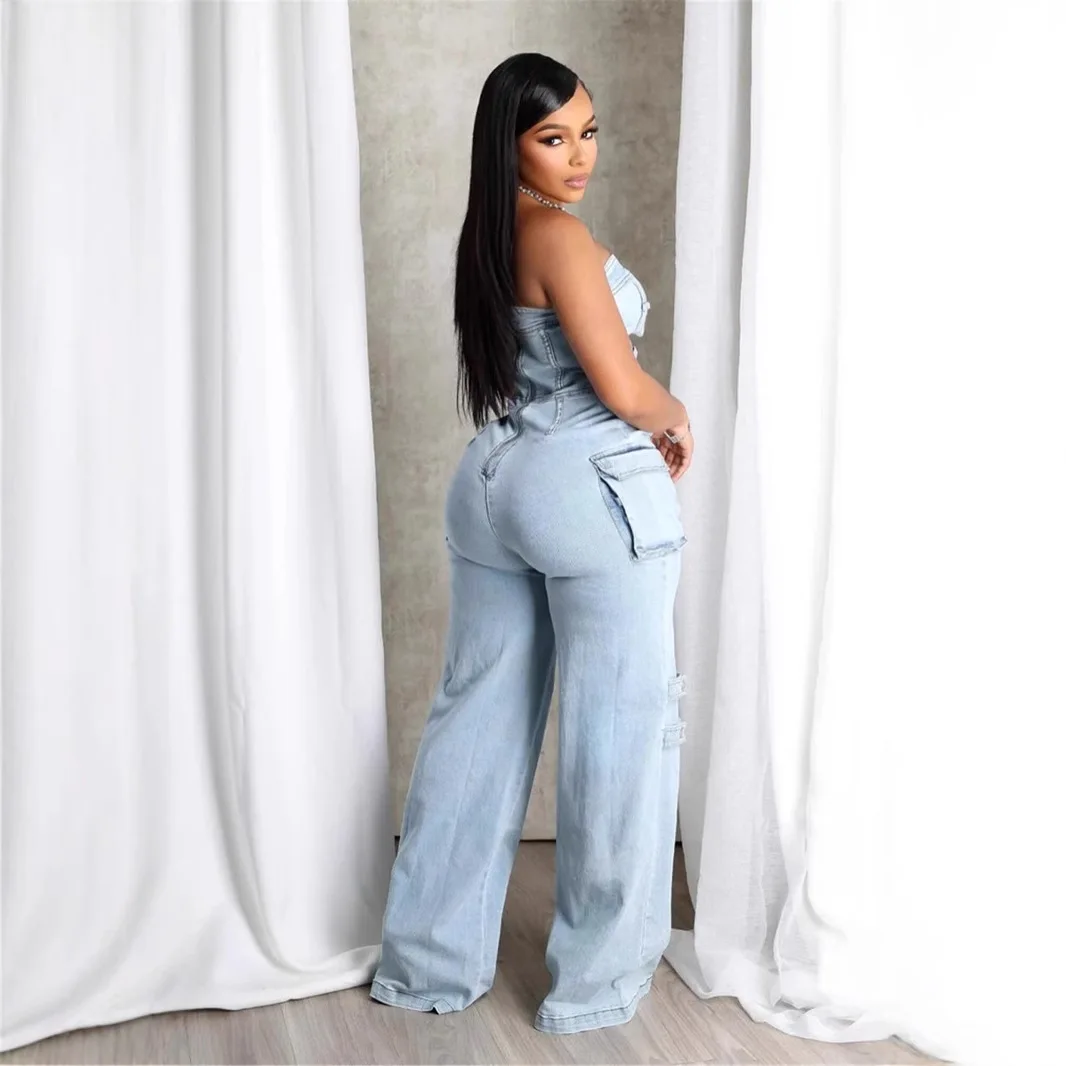 Y2k Women's Denim Jumpsuit Trendy Fashion Spice Chest Breasted Multi-Pocket Cargo Pants Hollow Out Sexy Streetwear Slim Overalls
