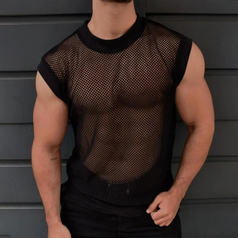 Men Round Neck Mesh Tank Mesh Tops Breathable Mesh Sleeveless Vest for Men Loose Fit Summer Streetwear See-through Design image 2