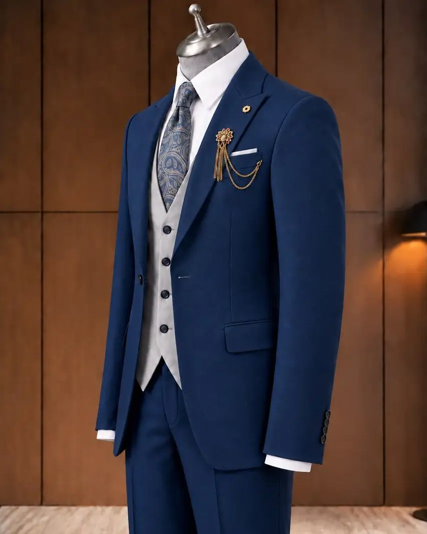 3 Piece Suit Men Royal Blue Contrast Grey Vest Blazer Vest Pants Set Slim Fit Wedding Groom Suit Formal Business Customized