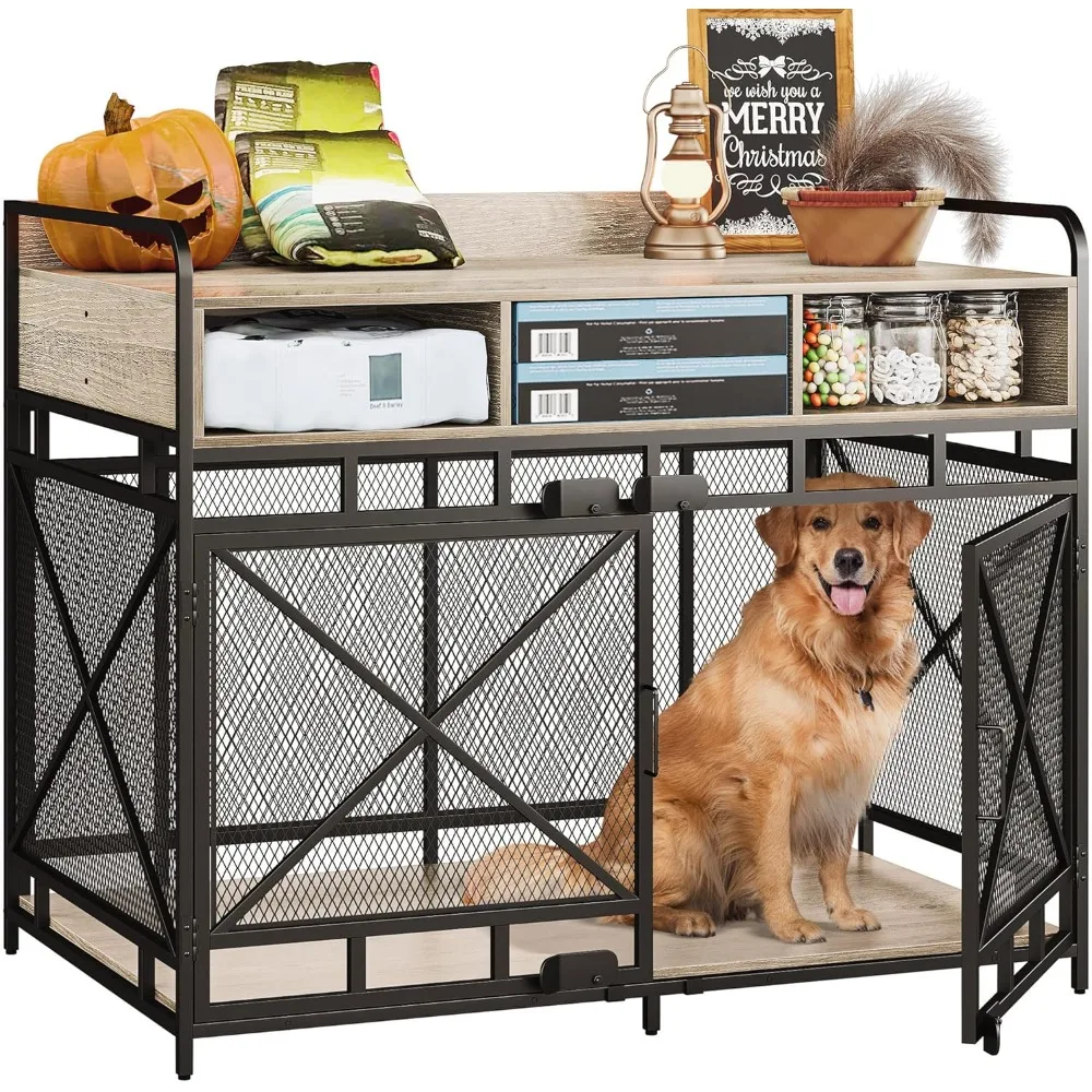 

Dog Crate Furniture,Wooden Dog Crate End Table,43 Inch Dog Kennel with Drawers for Indoor 43.3" L X 27.6" W X 35.7" H (Grey)