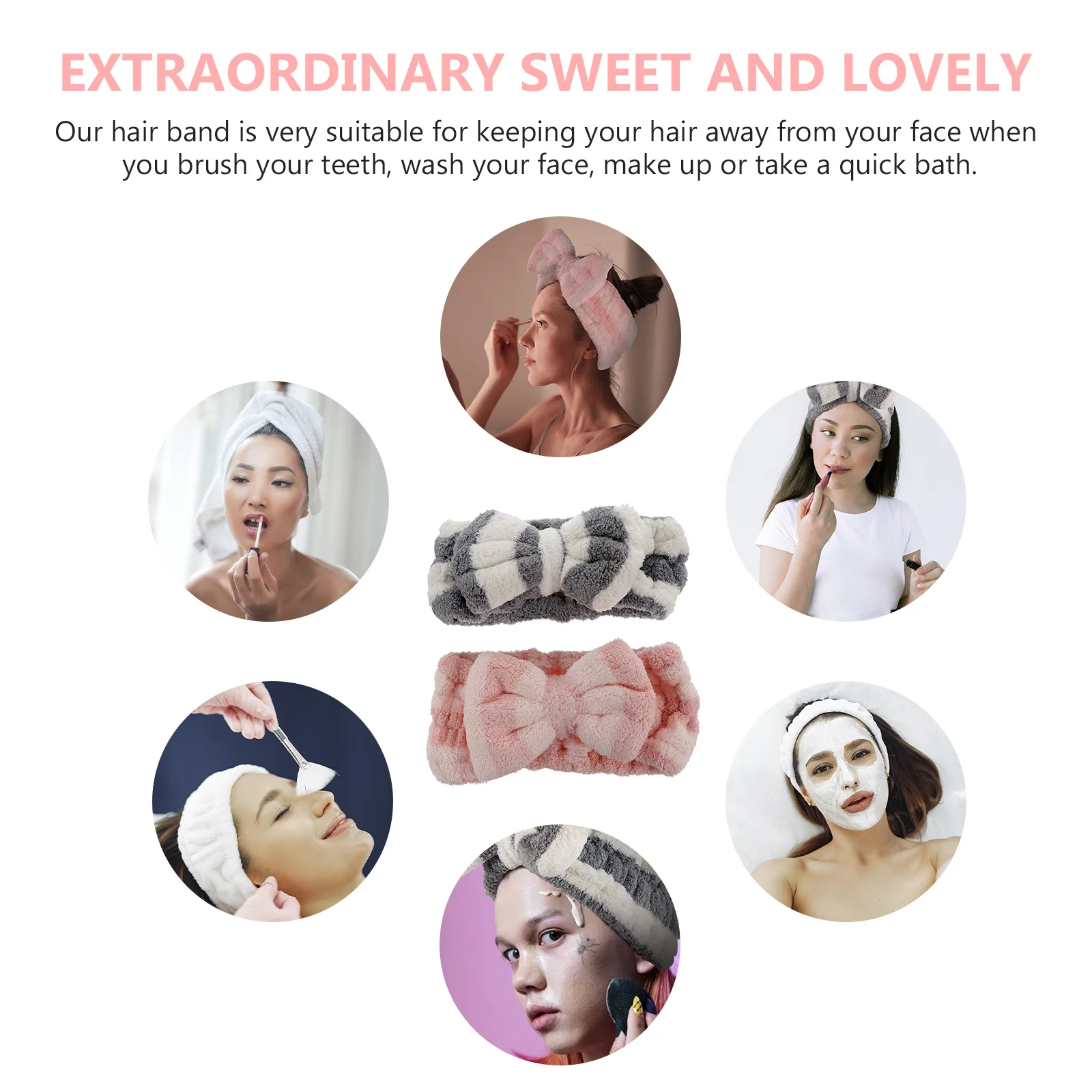 

2 Pcs Yoga Makeup Headb s Women Gray White Pink Bowknot Elastic No Shedding Hairb s for Washing Face Shower Facial Spa