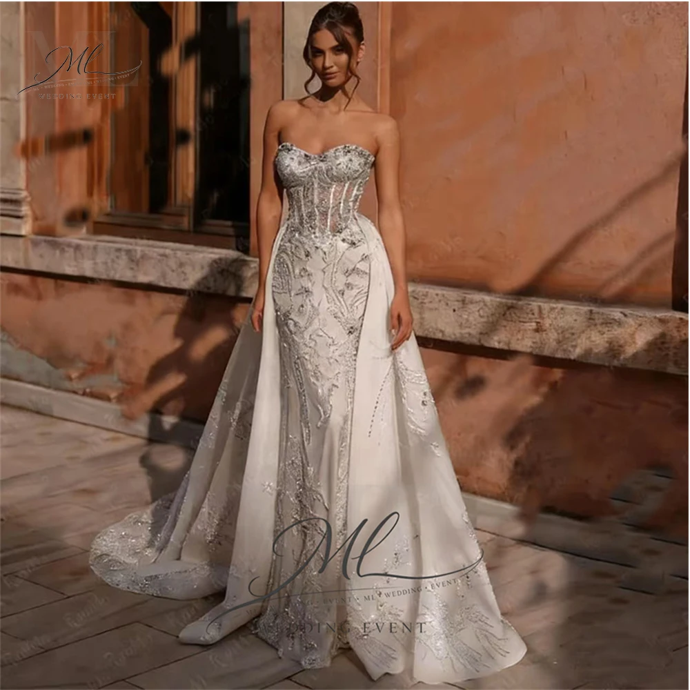 

ML Luxurious Wedding Dress Mermaid Sleeveless Beading Lace Bride Gown Sweetheart Detachable tail Vestidos De Novhe Customised