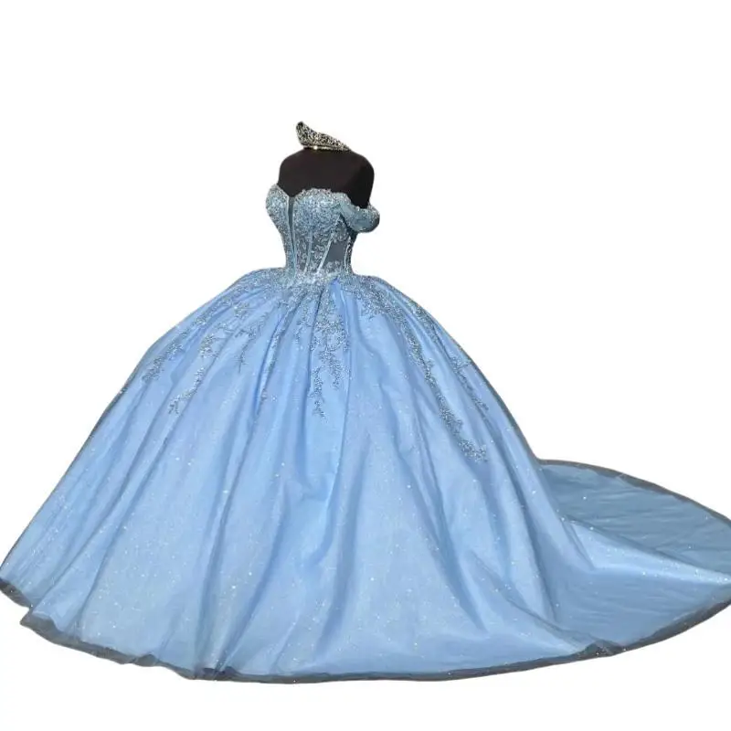 AA155 Customized Ice Blue Sweet 16 Year Girl Birthday Party Dresses Applique Puffy Prom Gown vestidos de 15 quinceañera 2024