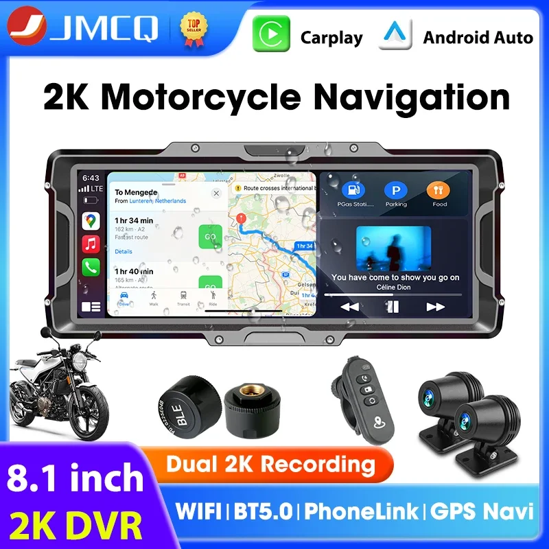 

8.1 inch Motorcycle Carplay 2K DVR For Wireless Carplay Android Auto Dual BT 5.0 IPX7 Waterproof Moto Display GPS Navigation