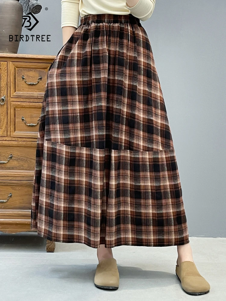 

Новинка 2025, осенняя хлопковая юбка с начесом, женская клетчатая юбка с эластичной резинкой на талии, модная свободная юбка трапециевидной формы для девочек Mori Girl B59028CC