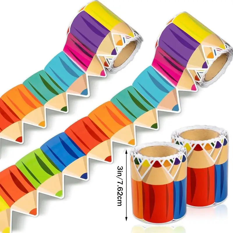 New 1Roll Self Adhesive Rainbow Pencil Edge Stickers Chalkboard Bulletin Board Border Paper 3inch Border Classroom Decors