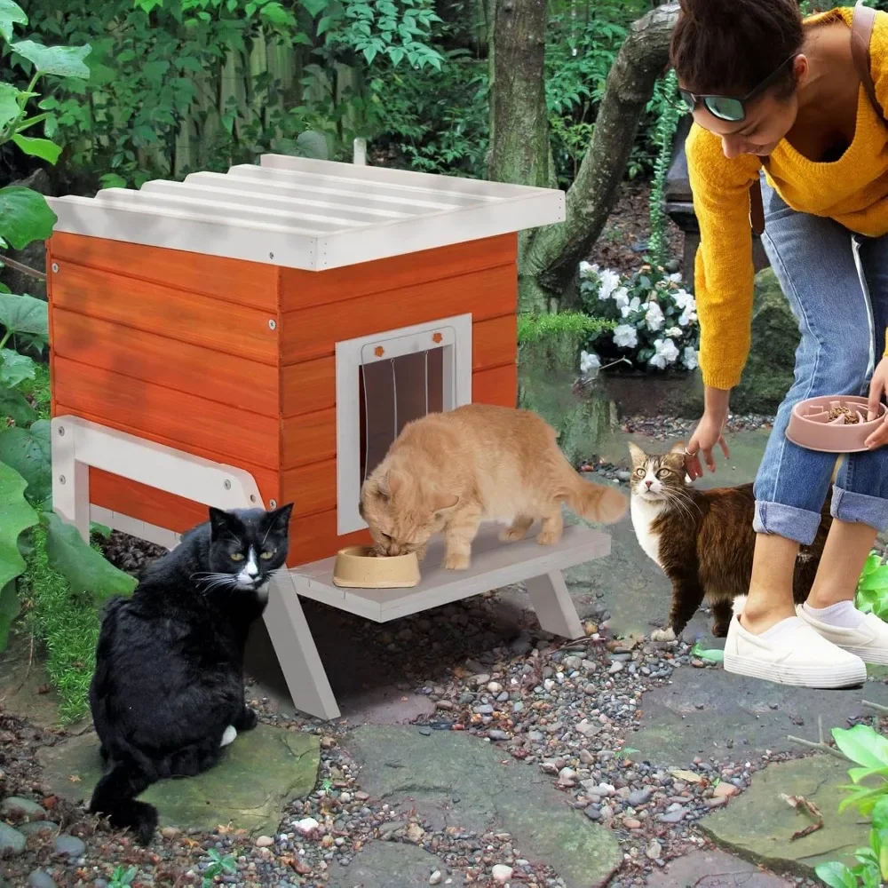 Erweiterte Futterstation, wetterfestes, langlebiges Dach, Katzenhaus im Freien, orange, isoliertes Katzenhaus für den Außenbereich – dicke hohe Füße