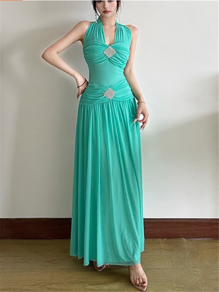 عطلة الصيف النساء الجنية عطلة الشاطئ الأخضر فستان طويل رومانسية الرسن الخامس الرقبة عارية الذراعين الخرز الخصر النحيف فستان شبكي Vestidos
