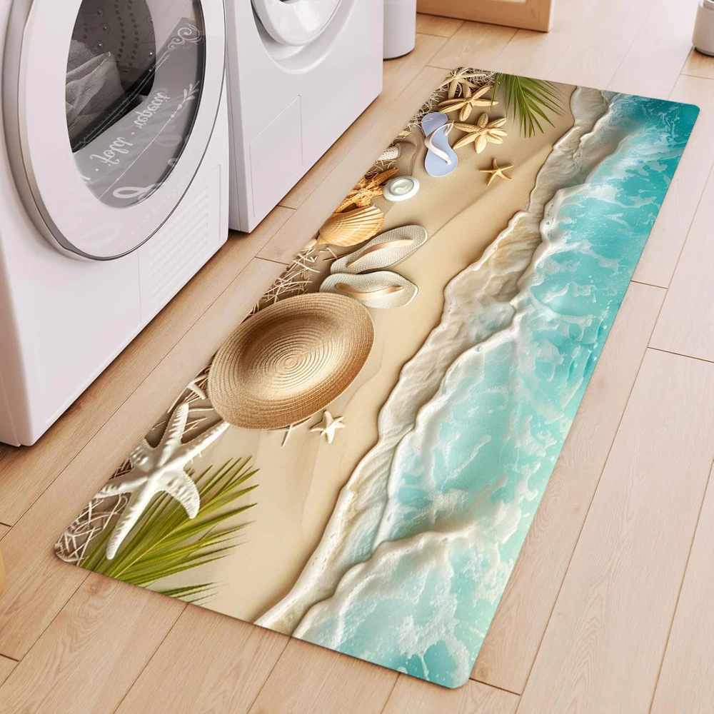 Summer Ocean Beach Kitchen Mat Sea Shell Sailboat Print Non-slip Door Mat Home Decor Rug for Living Room Bath Entrance