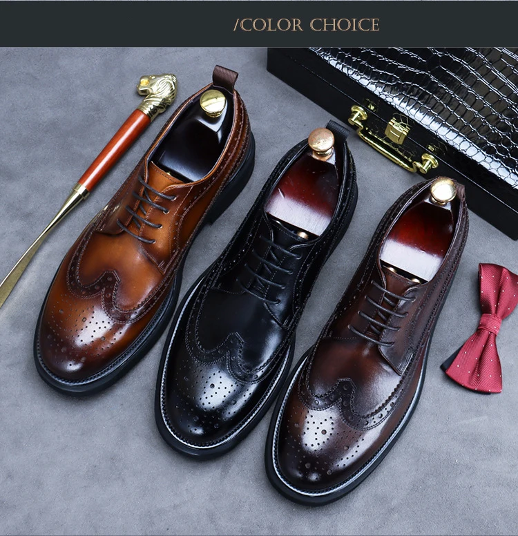 New Men's Leather Shoes Cowhide Genuine Leather Lace-Up Men's Business Shoes Casual Dress Shoes High-End Brogue Shoes for Men