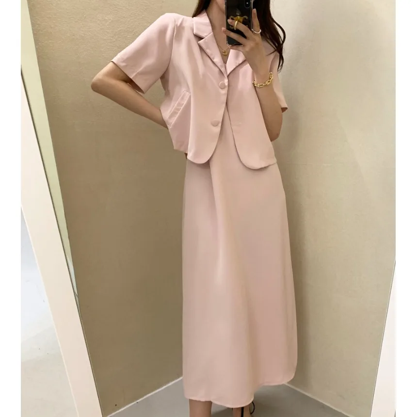 Summer Simple Unique Outerwear Top Strap Dress Two-Piece Set Casual Style Short Sleeve Hoodie Winter Fashion Women's Set