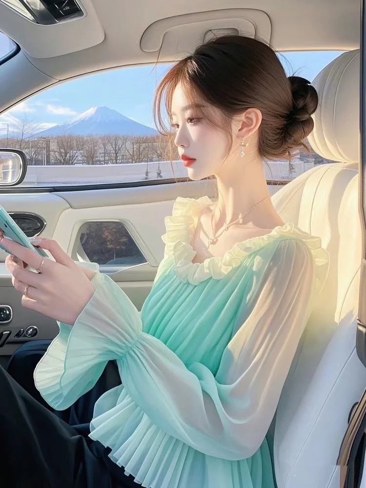 2025 Lente Zomer Nieuwe Vintage Patchwork Chiffon Blouse Damesmode Geplooide Flare Mouwen Dames Zoete Tops T-shirt