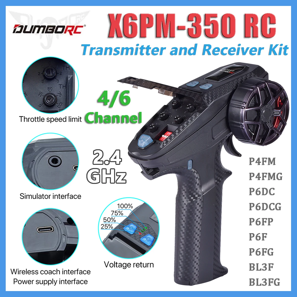 

DUMBORC 2.4GHz 6CH Remote Control X6PM-350 Mini Transmitter Controller 4.8-12V Gyroscope Receiver for RC Model Car Boat Tank Toy