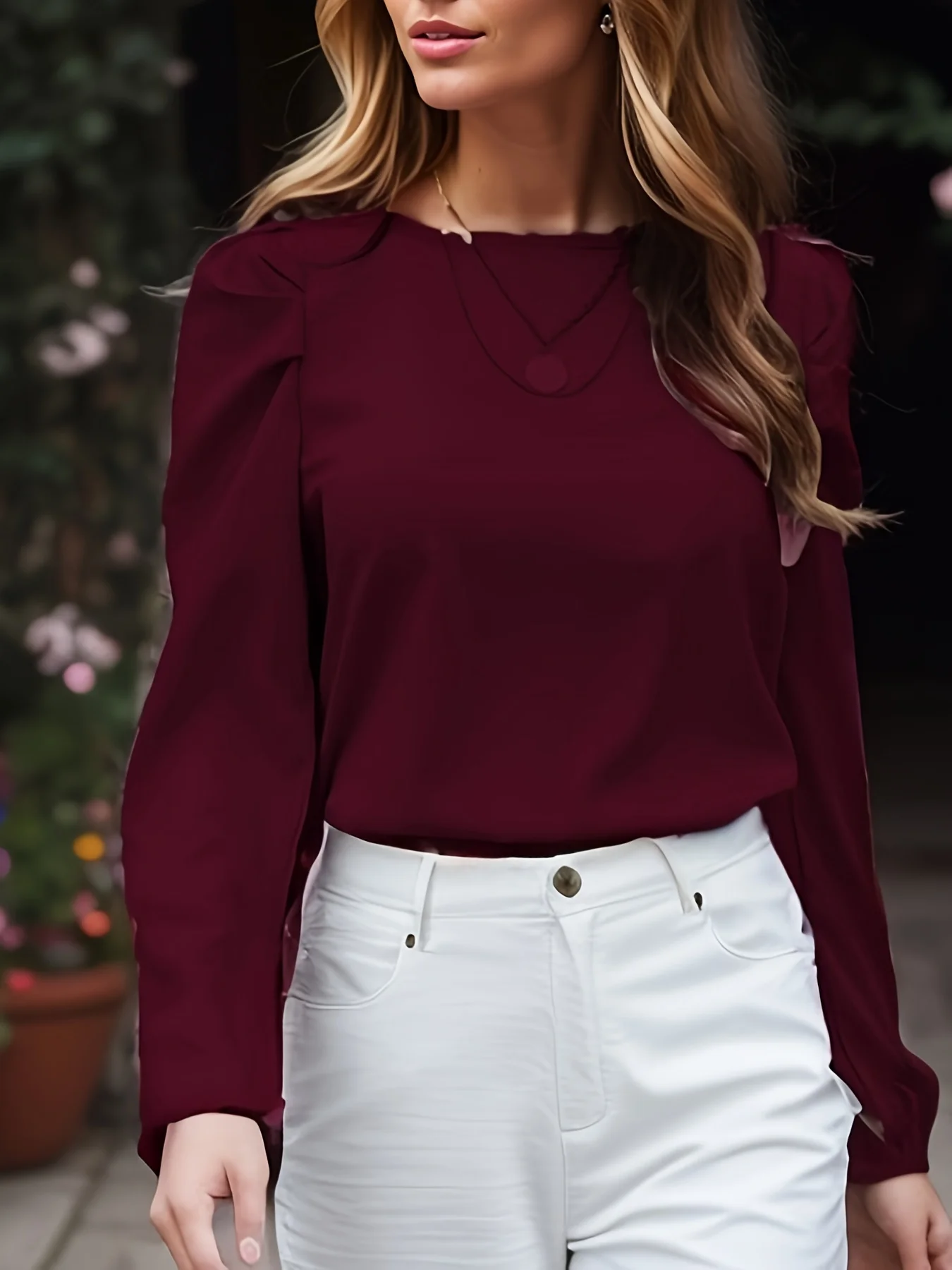 Fashionable Europe And The United States Casual Simple Pure-Color Shrug Round Neck Long-Sleeved Strappy Shirt Blouse