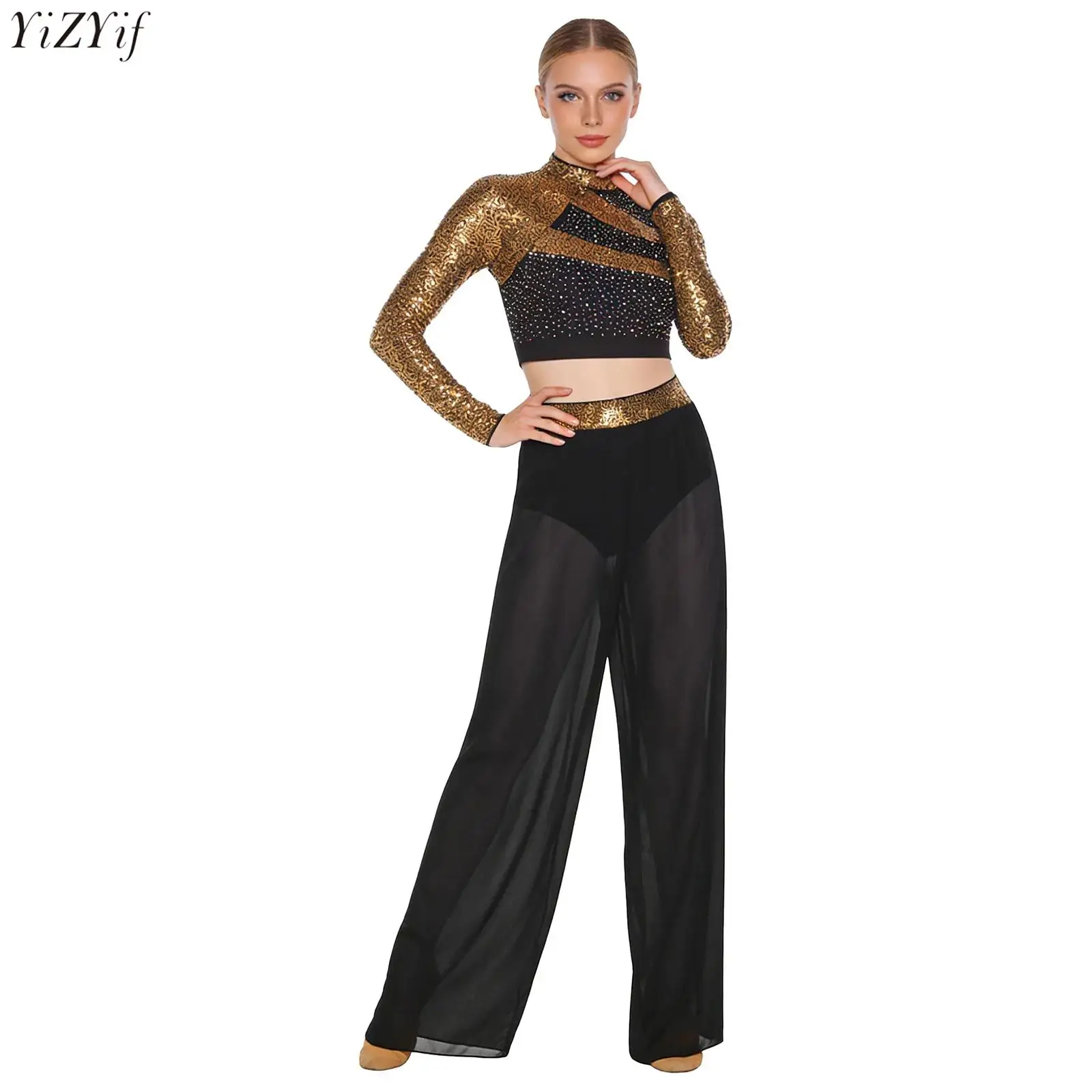 2Pcs Women Jazz Dance Outfit Long Sleeve Cutout Back Sequins Rhinestones Crop Top+Side Split Chiffon Pants Lyrical Dancing Wear