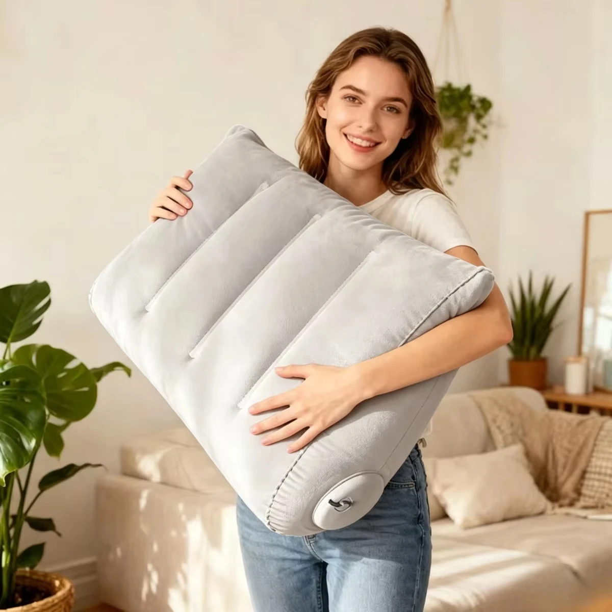 Triangular Inflatable Travel Pillow, Flocked Multi-use Cushion, Neck Lumbar Leg Support Pillow for Car Office