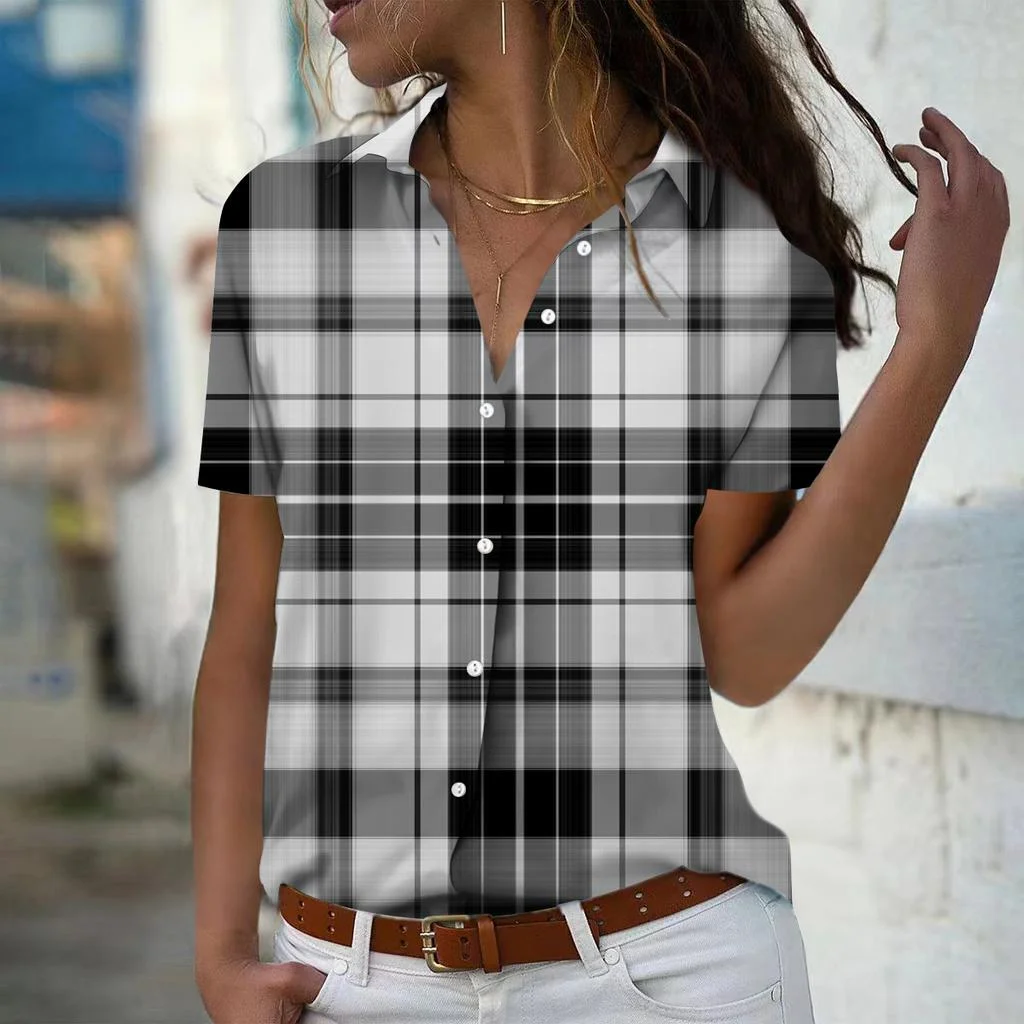 

Elegant checkered printed shirt women's short sleeved top summer casual loose shirt