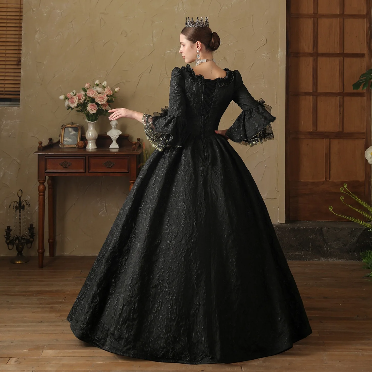 블랙 프렌치 코트 드레스 공연 드레스 여행 사진 러시아 공주 드레스 유럽 의상 사진 무대 Vestido Festas