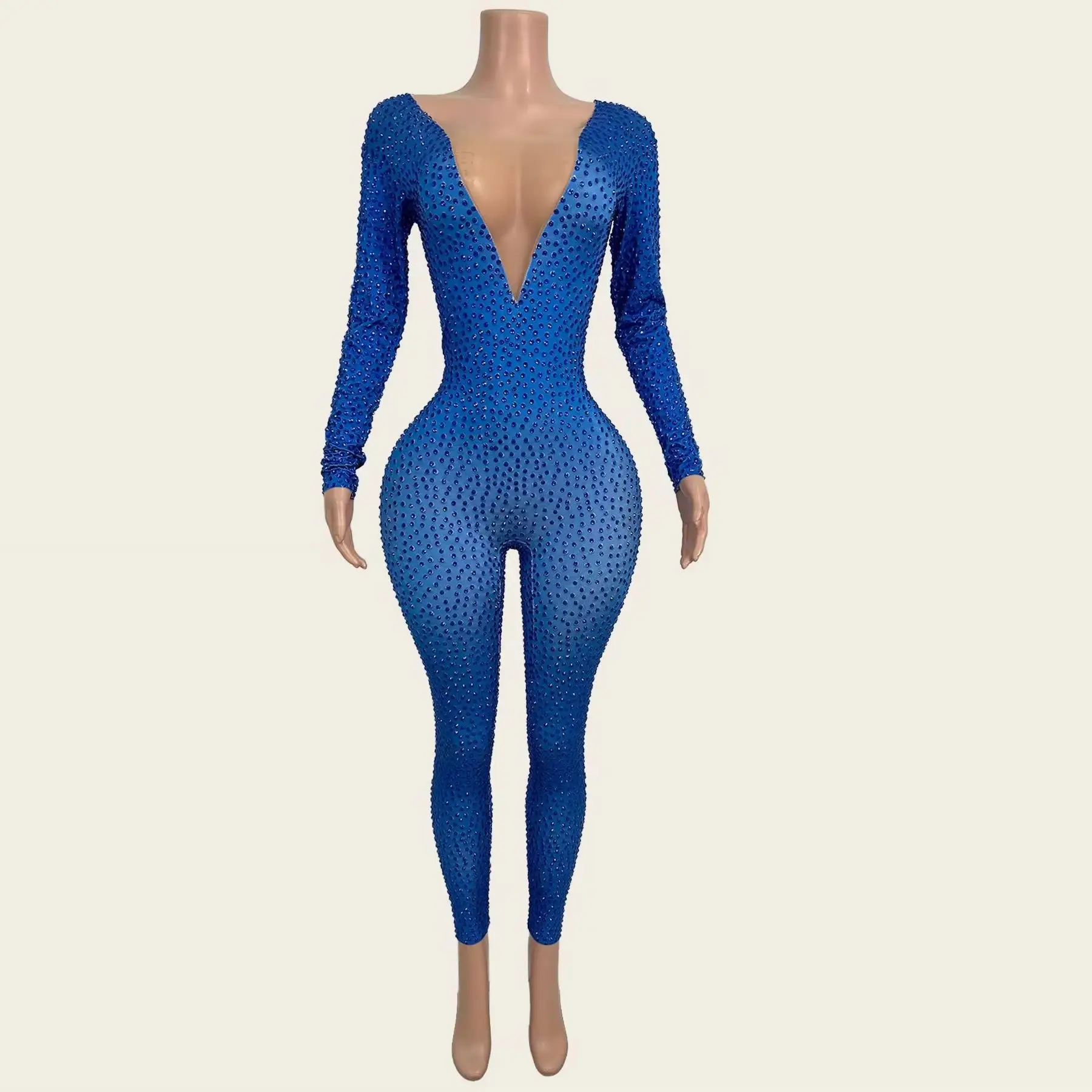 Blue Spandex Elastic Low-cut Jumpsuit Party Stage Show Dance Tight Fitting Jumpsuit Club Showgirl Wear Carnival Outfit Lanyekong