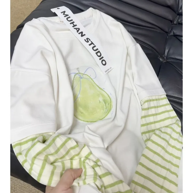 Korean Ins Style Women Spring Pear Print Fake Two Piece Striped Long Sleeve Loose T Shirt