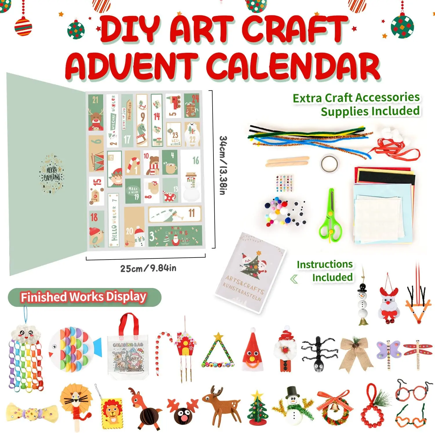 DIY Arts & Crafts Advent Calendar for Kids 2024 Christmas Include Instructions, 24 Fun Creative Christmas Handmade Ornaments Tre