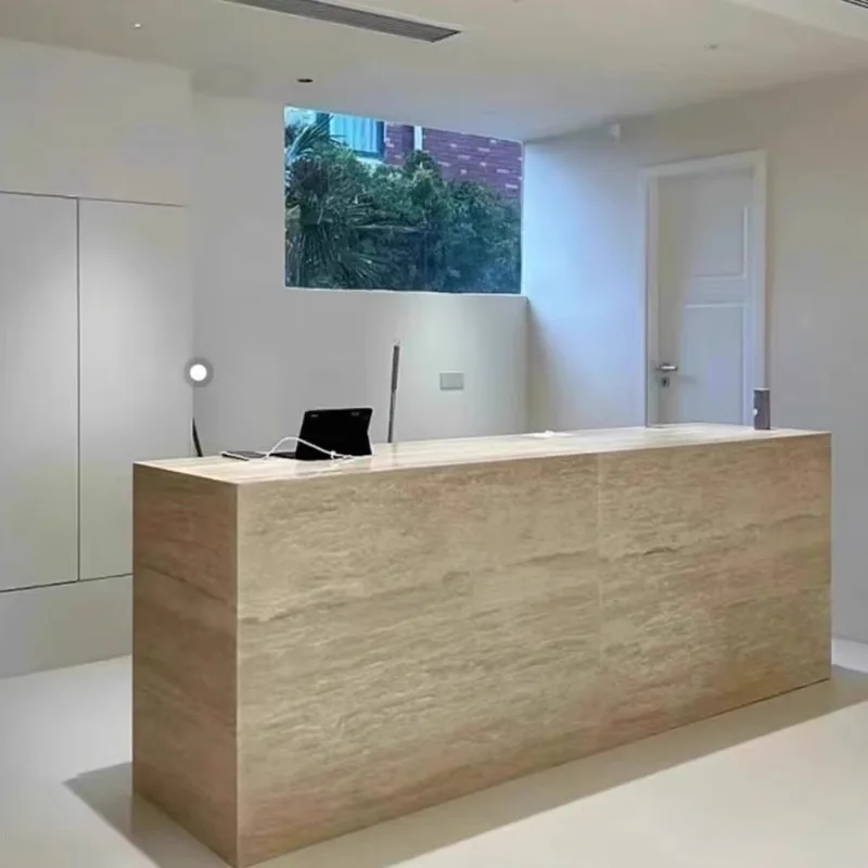 Imitation travertine wood Reception desk bar counter simple front desk for clothing store Hotel Support customization