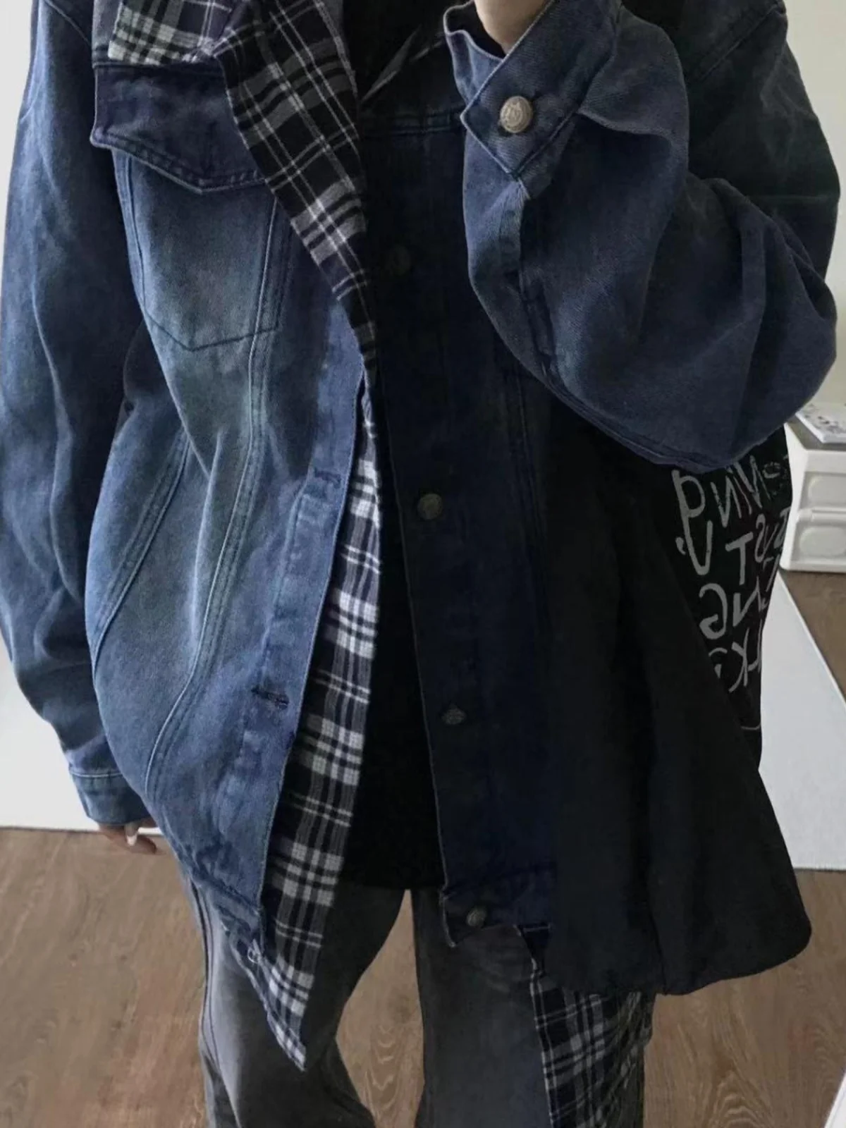 

American Retro Plaid Loose Couple Jaet Denim Outerwear Youth Trend Autumn Long Sve Stand Collar Regular Length