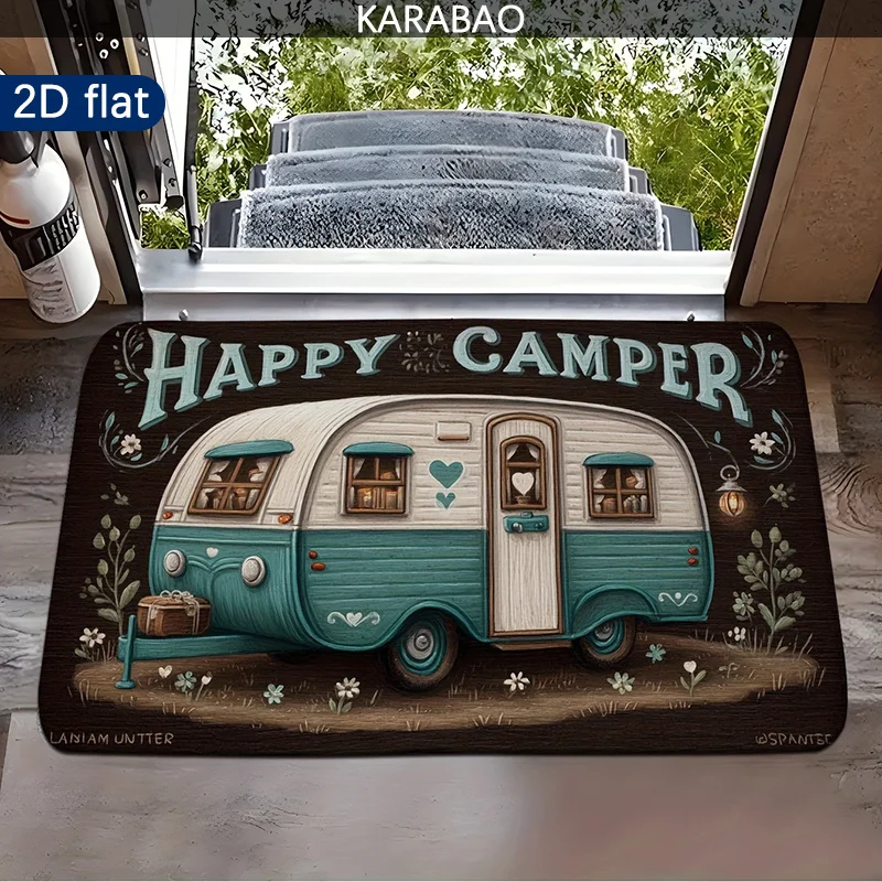 Vintage Happy Camper Caravan Doormat Entryway Mat Boho Retro Camping Sponge Floor Mat for Door Decor Gifts