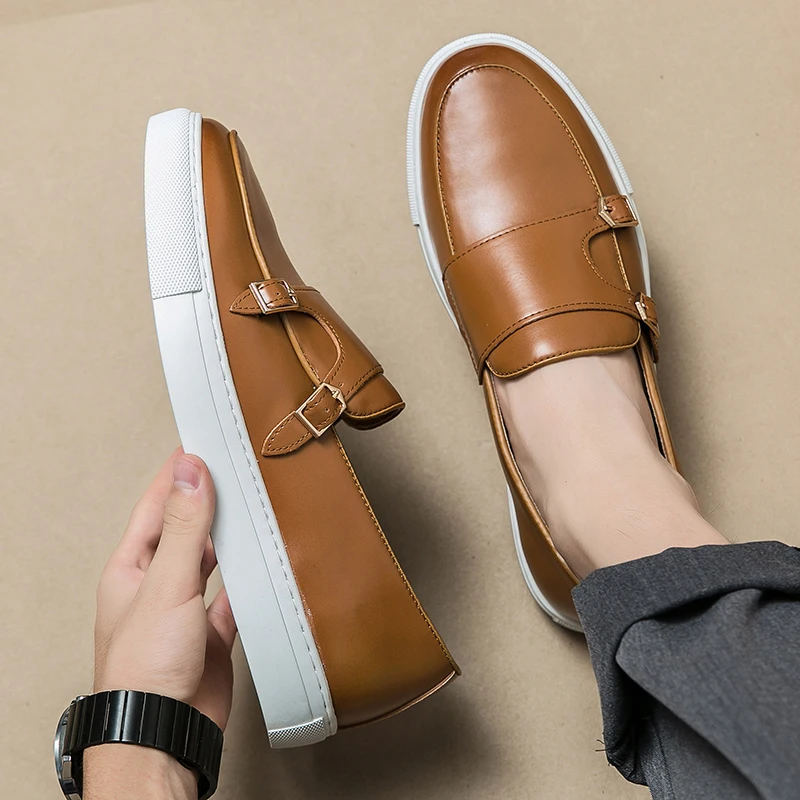 

Summer double button board shoes with thick sole and increased heigh retro high-end feeling British style casual loafers