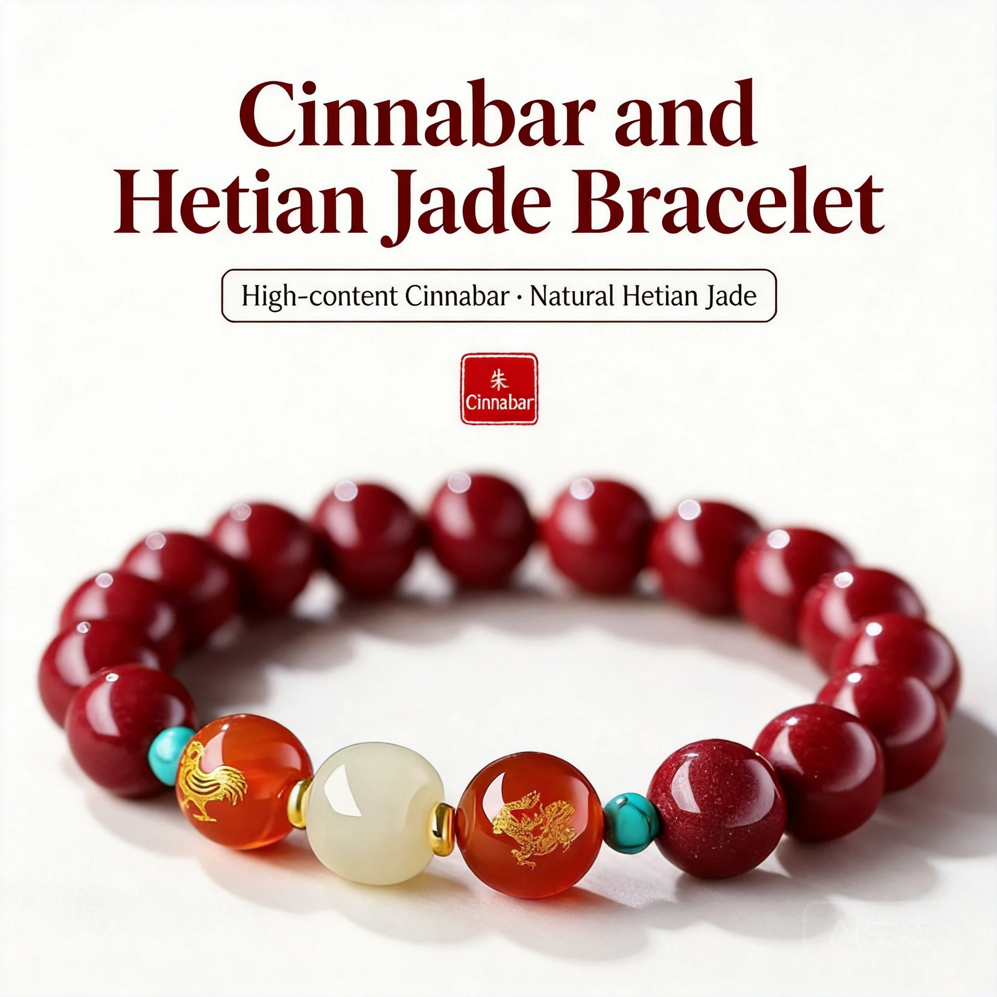 Bracelet porte-bonheur en jade Hetian et cinabre naturel de style chinois, avec 12 signes du zodiaque chinois, pour attirer la fortune et la prospérité